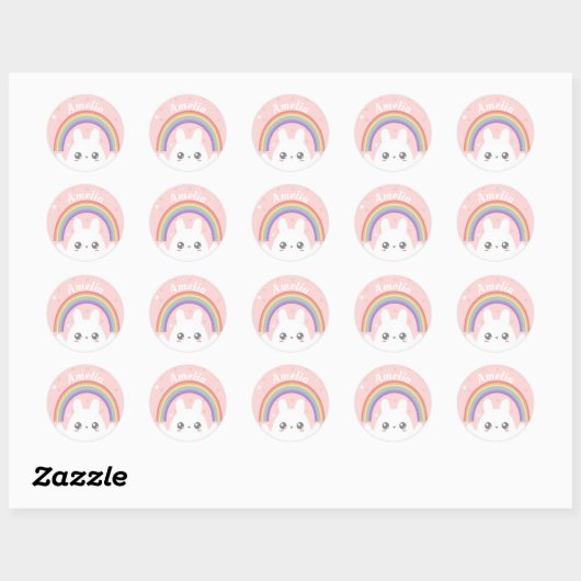Sticker Rond Cute Kawaii Rabbit et arc-en-ciel Personnalisé (Feuille)