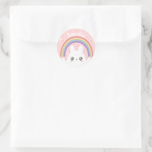 Sticker Rond Cute Kawaii Rabbit et arc-en-ciel Personnalisé (Sac)