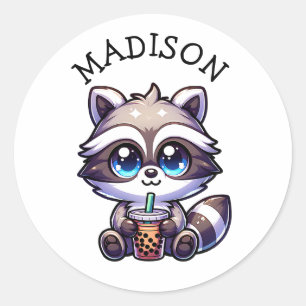 Sticker Rond Cute Kawaii Raccoon avec thé bulle Personnalisé