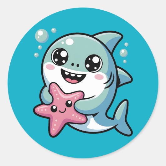 Sticker Rond Cute Kawaii Requin & Starfish (Devant)