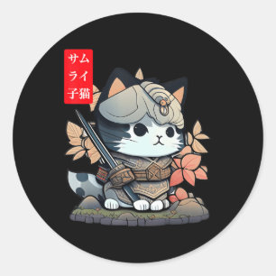 Sticker Rond Cute Kawaii Samurai Guerrier Kawaii Chat Japonais 