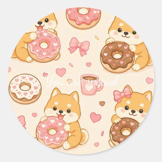 Sticker Rond Cute Kawaii Shiba Inu Donut Pattern (Devant)