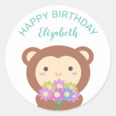 Sticker Rond Cute Kawaii Singe Avec Fleurs Joyeux Anniversaire (Devant)