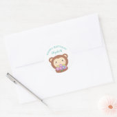 Sticker Rond Cute Kawaii Singe Avec Fleurs Joyeux Anniversaire (Enveloppe)