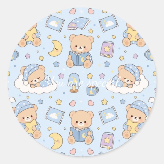 Sticker Rond Cute Kawaii Sleepy Teddy Bear Pattern | Pastel Bed (Devant)