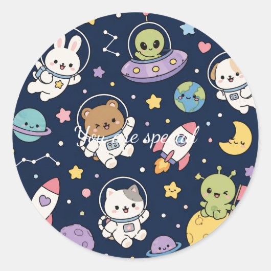 Sticker Rond Cute Kawaii Space Animals Pattern | Pastel Galaxy (Devant)