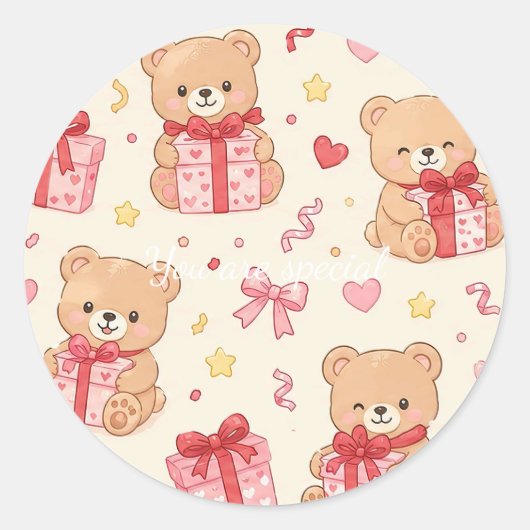 Sticker Rond Cute Kawaii Teddy Bear Heart Gift Pattern (Devant)