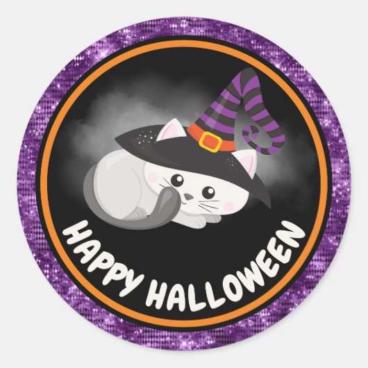 Sticker Rond Cute Kids Chat & Purple Parties scintillant Joyeux (Devant)