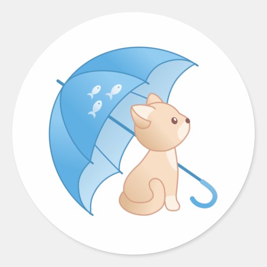 Sticker Rond Cute Kitten Chat sous Parapluie Bleu Classic Round (Devant)