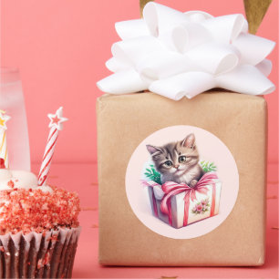 Sticker Rond Cute Kitten dans une boîte Cadeau d'anniversaire