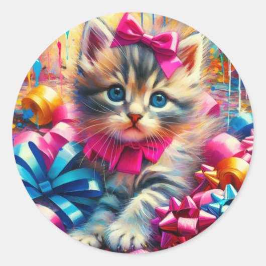Sticker Rond Cute Kitten Jouer dans les bows d'anniversaire (Devant)