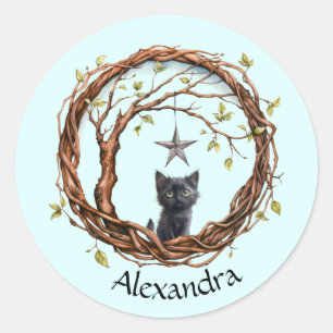 Sticker Rond Cute Kitten noir regarder une étoile