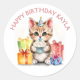 Sticker Rond Cute Kitten personnalisé en Casquette d'anniversai