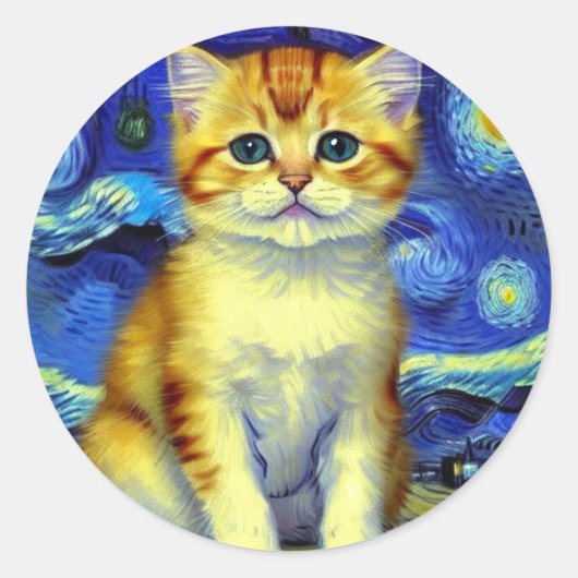 Sticker Rond Cute Kitten Starry Night Van Gogh (Devant)