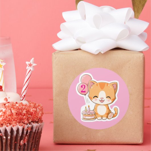 Sticker Rond Cute Kitten w Balloons, 2nd Birthday (Fête)