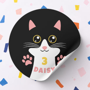 Sticker Rond Cute Kitty Cat Fête d'anniversaire pour les enfant