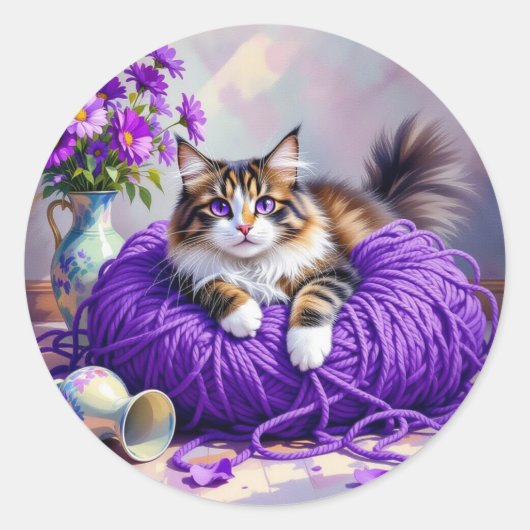 Sticker Rond Cute Kitty Cat in Ball of Purple Yarn (Devant)