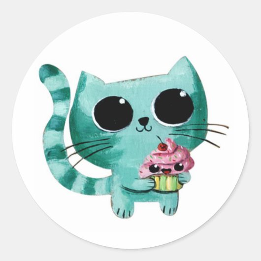 Sticker Rond Cute Kitty Chat avec Kawaii Cupcake (Devant)