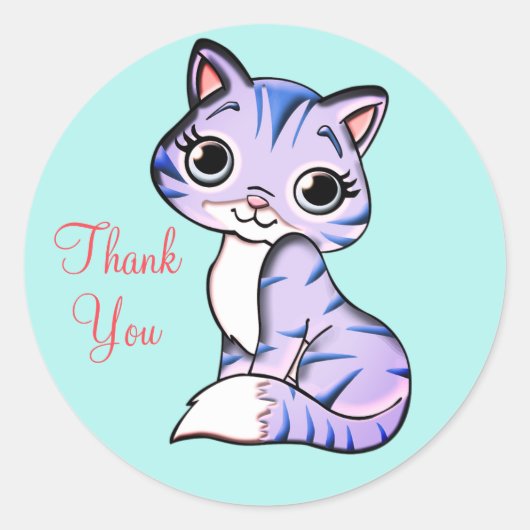Sticker Rond Cute kitty chat Merci sur bleu clair (Devant)