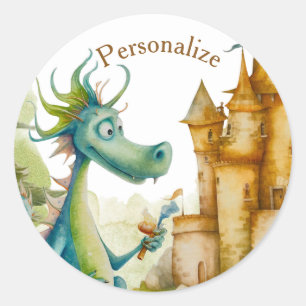 Sticker Rond Cute Knight Dragon Castle Anniversaire Fête Enfant