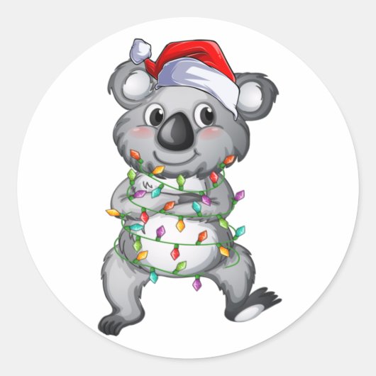Sticker Rond Cute koala aux lumières de Noël classique manche r (Devant)