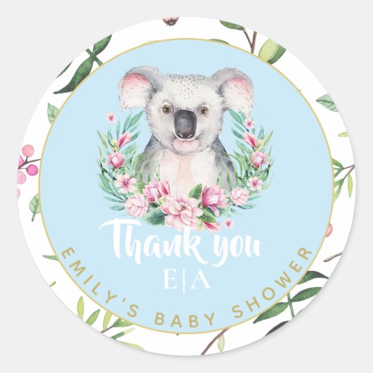 Sticker Rond Cute Koala Ours Monogramme Baby shower Merci (Devant)