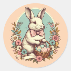Sticker Rond Cute, lapin de Pâques vintage/oeuf/panier