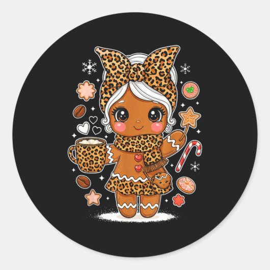 Sticker Rond Cute Leopard Gingerbread Girl Coquette Bow Holiday (Devant)