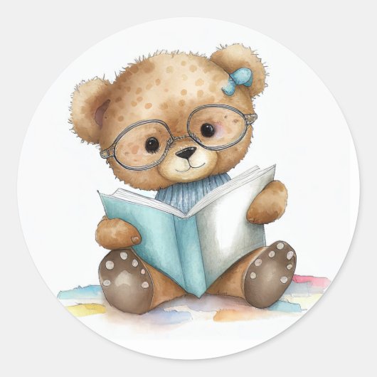 Sticker Rond Cute Librairie Librairie Livres Teddy Bear (Devant)