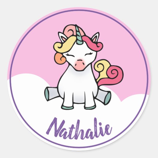 Sticker Rond Cute licorne avec nom (Devant)