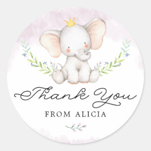 Sticker Rond Cute Lilac Aquarelle Bébé Eléphant Merci