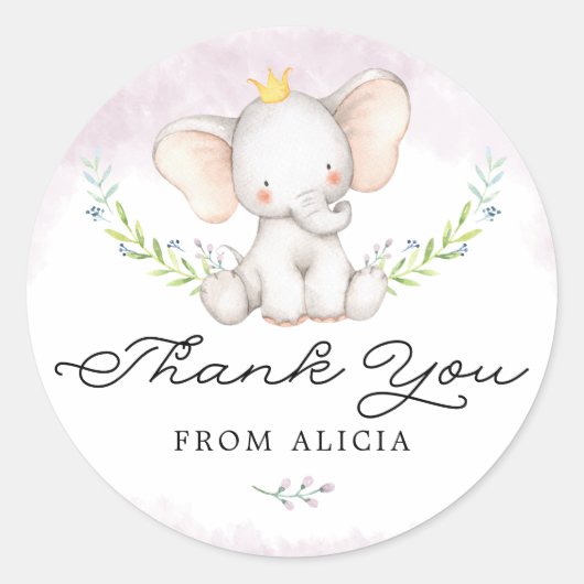 Sticker Rond Cute Lilac Aquarelle Bébé Eléphant Merci (Devant)