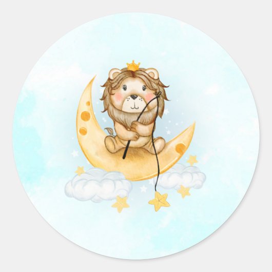 Sticker Rond Cute Lion Pêche sur l'aquarelle de la lune (Devant)