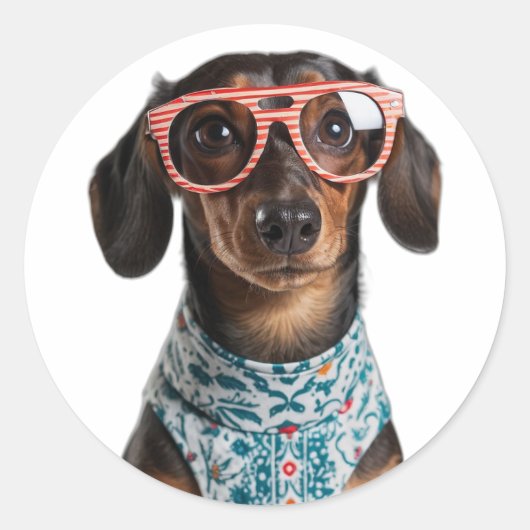 Sticker Rond Cute Little Dachshund With Red Glasses (Devant)
