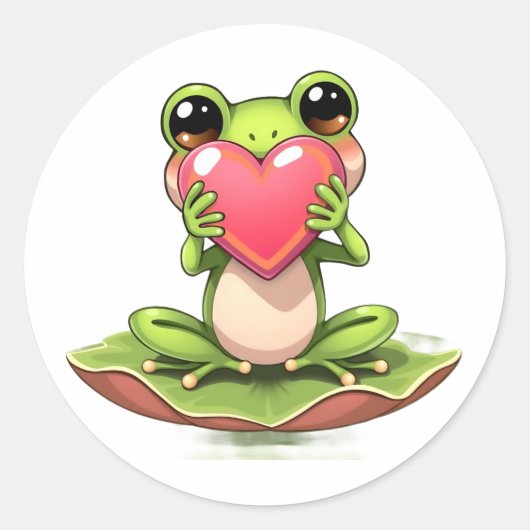 Sticker Rond Cute Little Frog Holding a Heart (Devant)