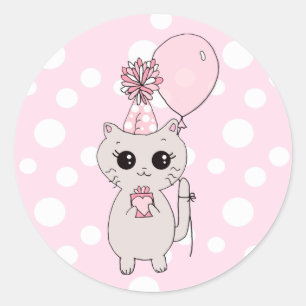 Sticker Rond Cute Little Kitten tenant Anniversaire Balloon Cad