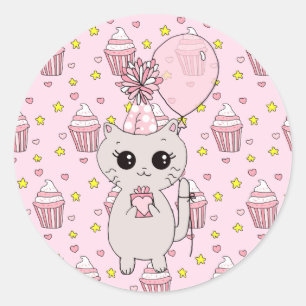 Sticker Rond Cute Little Kitten tenant Anniversaire Balloon Cad