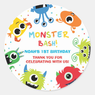 Sticker Rond Cute Little Monsters 1er Anniversaire Merci Favori
