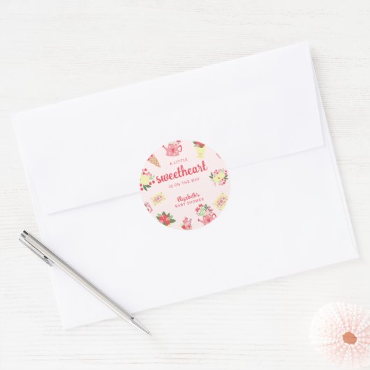 Sticker Rond Cute Little Sweetheart on the Way Baby Shower pink (Enveloppe)