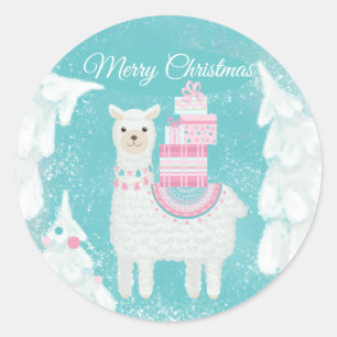 Sticker Rond Cute Llama avec cadeaux de Noël