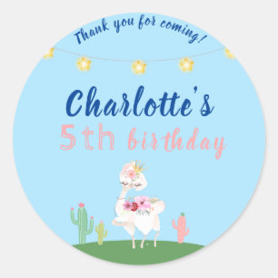 Sticker Rond Cute Llama Fun Blue Anniversaire