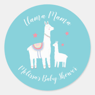 Sticker Rond Cute Llama Mama Turquoise Baby shower moderne