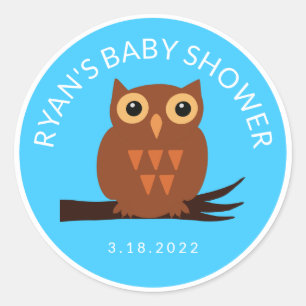 Sticker Rond Cute Lovely Brown Owl sur Branch Baby shower Class