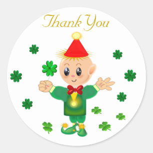 Sticker Rond Cute lutin & shamrocks chanceux Merci 