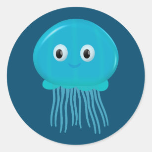 Sticker Rond Cute méduse Cartoon Dans L'Océan Bleu