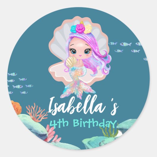 Sticker Rond Cute Mermaid Rainbow couronne perle Anniversaire f (Devant)