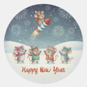 Sticker Rond Cute Mice Happy New Year Fireworks (Devant)