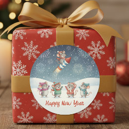 Sticker Rond Cute Mice Happy New Year Fireworks