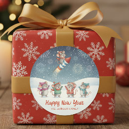 Sticker Rond Cute Mice Happy New Year Fireworks