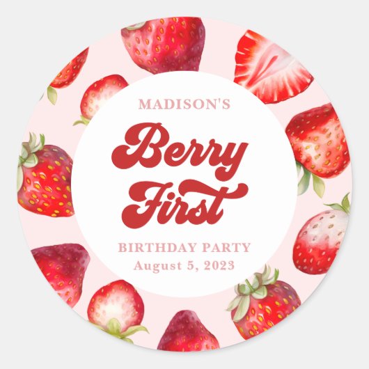 Sticker Rond Cute Moderne Boho fraise Berry 1er anniversaire (Devant)